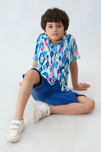Ikkat Print Satin Shirt With Royal Blue Shorts Combo