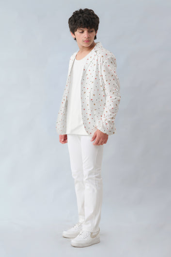 Printed Cotton Coat With All White Jeans And Sando Combo