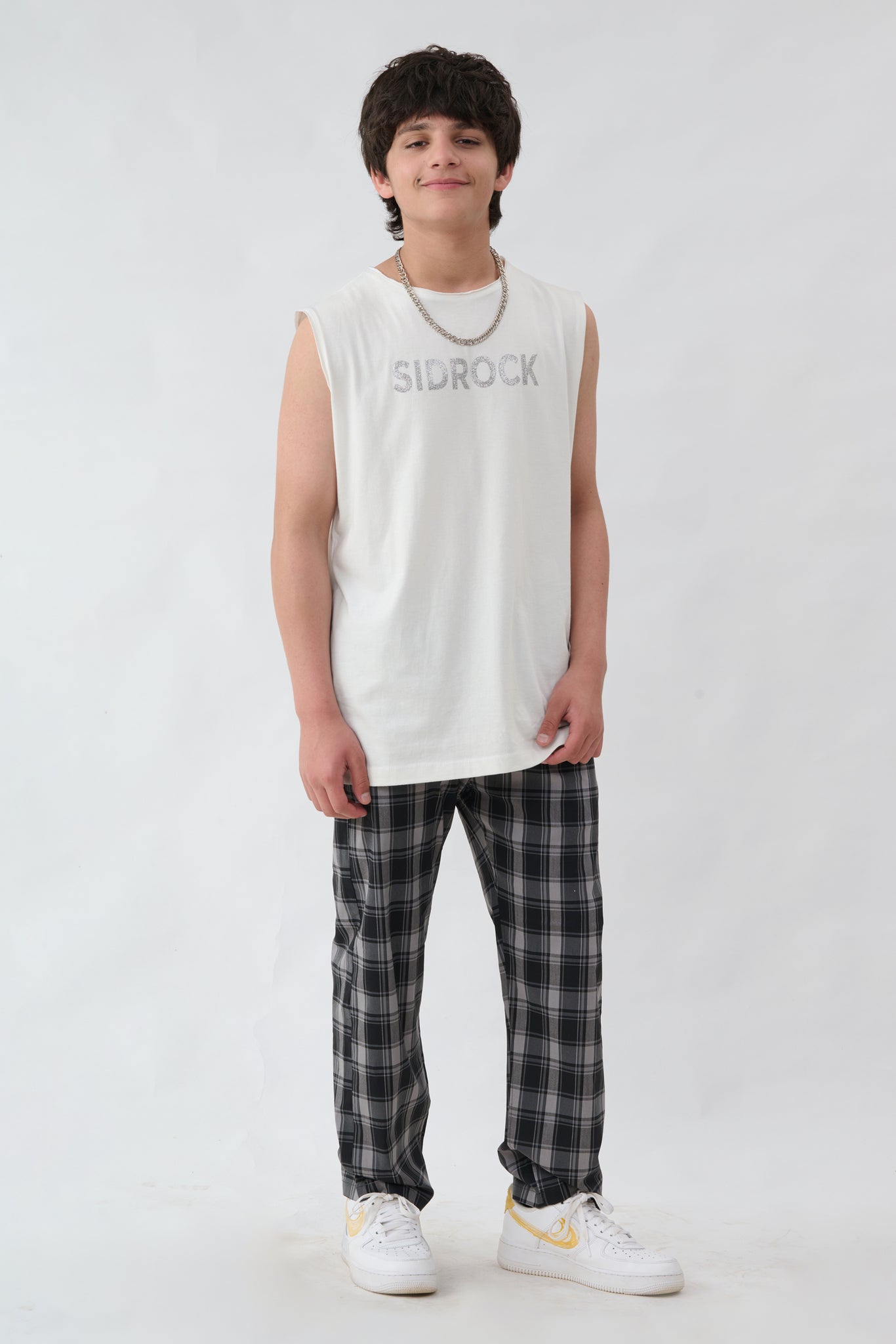 Black And Grey Check Trouser With White Sando Combo