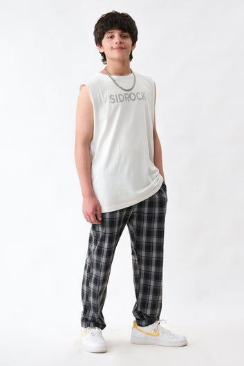 Black And Grey Check Trouser With White Sando Combo