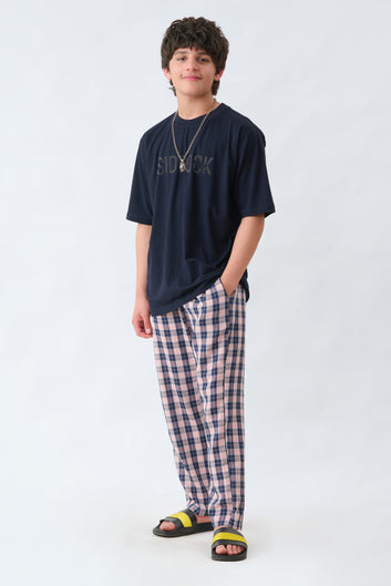 Navy Blue With Red Check Trouser With Navy Blue T-shirt Combo