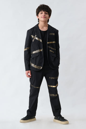 Asymmetric Golden Print Black Coat-pant With Sando Combo