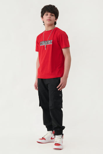 Black Cargo With Red T-Shirt Combo