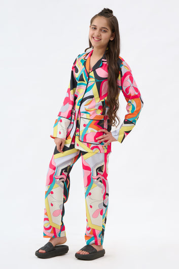 Multicolored Abstract Print Girls Nightsuit