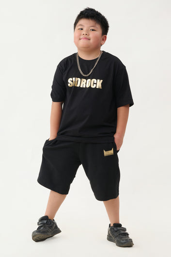 Golden Print All Black Shorts And T- Shirt Combo
