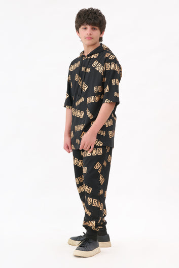 All Over Golden Print Hoodie T-Shirt With Trouser Combo
