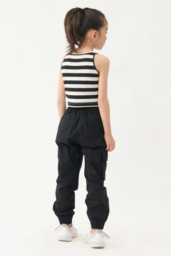 Black And White Stripe Crop Top With Balck Cargo Combo