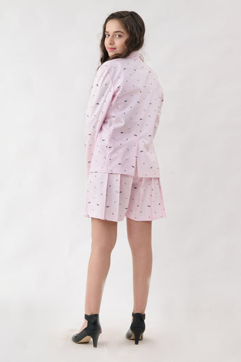 Small Black Print On Baby Pink Coat With Skirt And White Tube Top Combo