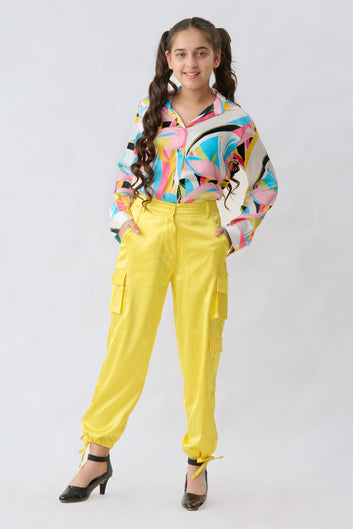 Multicolored Satin Girls Shirt With Yellow Pant Combo